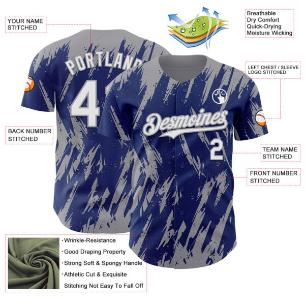 Custom Royal White-Gray Splatter Torn Sharp Brush Stroke Authentic Baseball Jersey