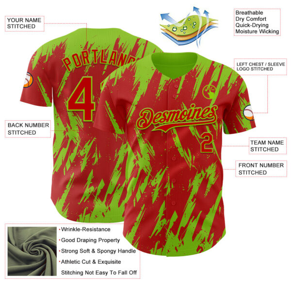 Custom Red Neon Green Splatter Torn Sharp Brush Stroke Authentic Baseball Jersey