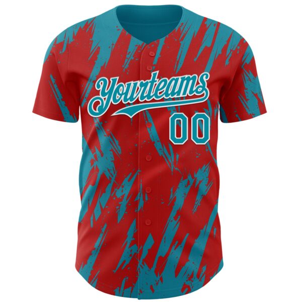 Custom Red Teal-White Splatter Torn Sharp Brush Stroke Authentic Baseball Jersey