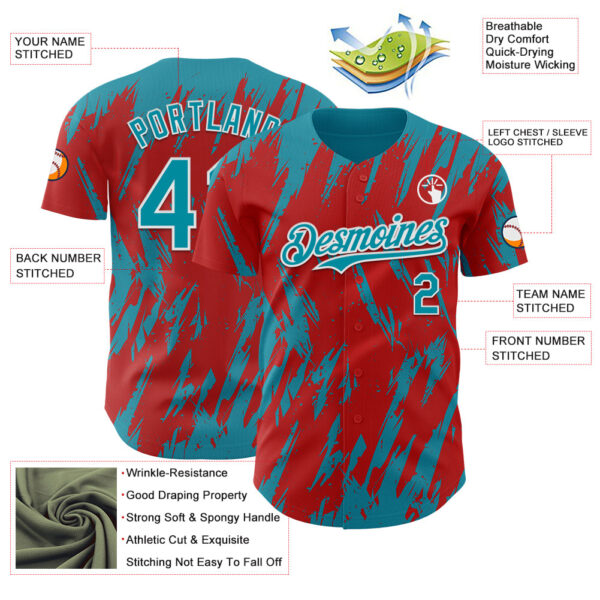 Custom Red Teal-White Splatter Torn Sharp Brush Stroke Authentic Baseball Jersey