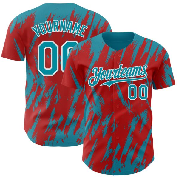 Custom Red Teal-White Splatter Torn Sharp Brush Stroke Authentic Baseball Jersey