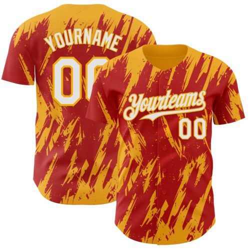3DPattern13253 Custom Red White-Gold Splatter Torn Sharp Brush Stroke Authentic Baseball Jersey
