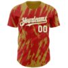 Custom Red White-Old Gold Splatter Torn Sharp Brush Stroke Authentic Baseball Jersey