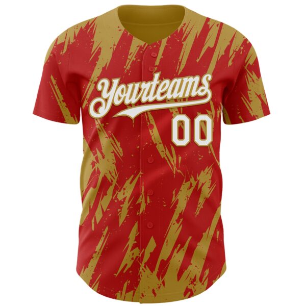 Custom Red White-Old Gold Splatter Torn Sharp Brush Stroke Authentic Baseball Jersey