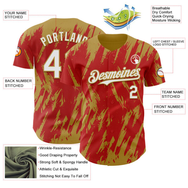 Custom Red White-Old Gold Splatter Torn Sharp Brush Stroke Authentic Baseball Jersey