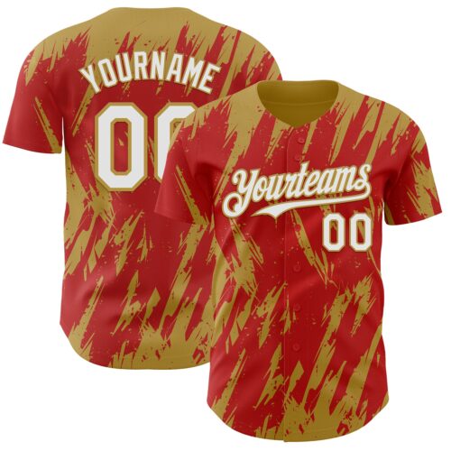 3DPattern13254 Custom Red White-Old Gold Splatter Torn Sharp Brush Stroke Authentic Baseball Jersey