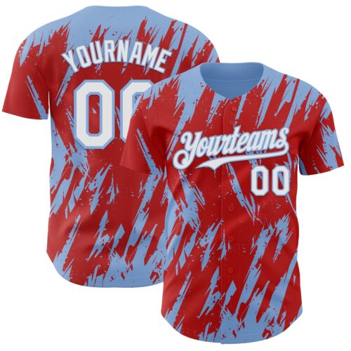3DPattern13256 Custom Red White-Light Blue Splatter Torn Sharp Brush Stroke Authentic Baseball Jersey