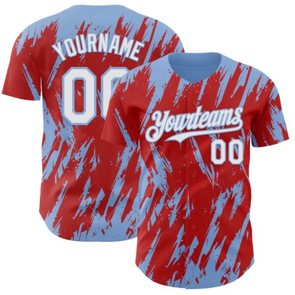 Custom Red White-Light Blue Splatter Torn Sharp Brush Stroke Authentic Baseball Jersey
