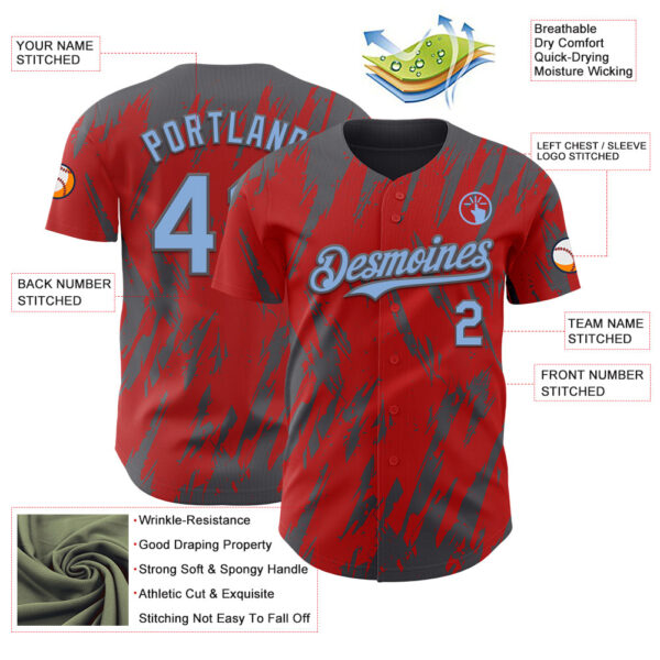 Custom Red Light Blue-Steel Gray Splatter Torn Sharp Brush Stroke Authentic Baseball Jersey