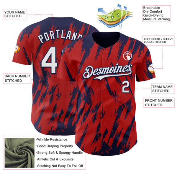 Custom Red White-Navy Splatter Torn Sharp Brush Stroke Authentic Baseball Jersey