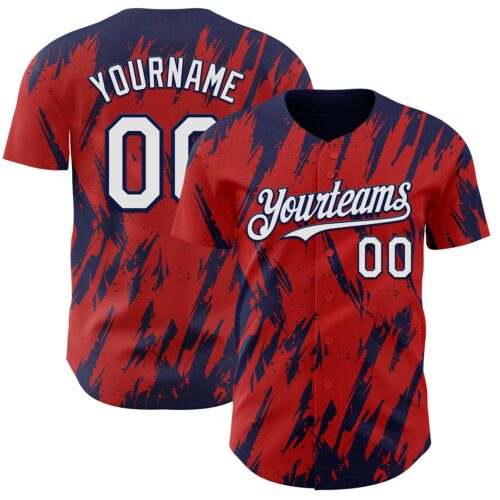3DPattern13259 Custom Red White-Navy Splatter Torn Sharp Brush Stroke Authentic Baseball Jersey