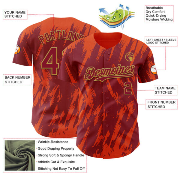 Custom Crimson Old Gold-Orange Splatter Torn Sharp Brush Stroke Authentic Baseball Jersey