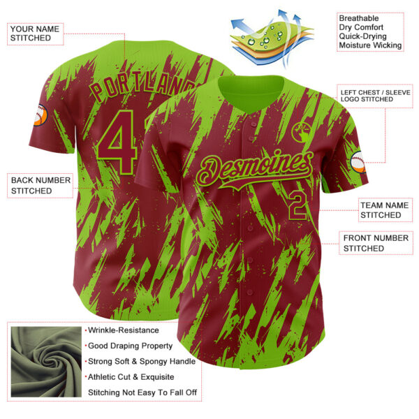 Custom Crimson Neon Green Splatter Torn Sharp Brush Stroke Authentic Baseball Jersey