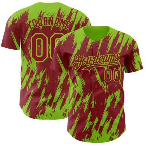 3DPattern13262 Custom Crimson Neon Green Splatter Torn Sharp Brush Stroke Authentic Baseball Jersey