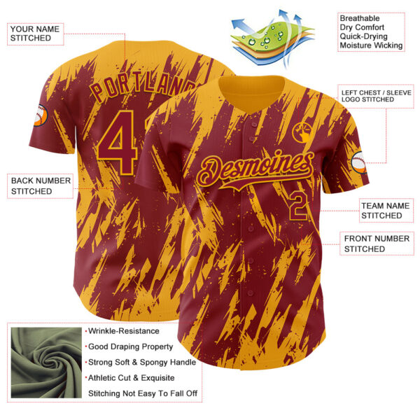 Custom Crimson Gold Splatter Torn Sharp Brush Stroke Authentic Baseball Jersey