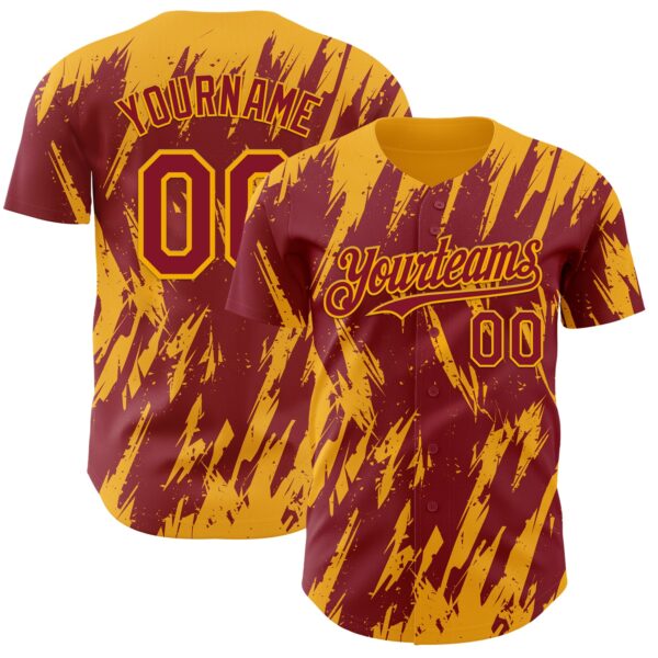Custom Crimson Gold Splatter Torn Sharp Brush Stroke Authentic Baseball Jersey