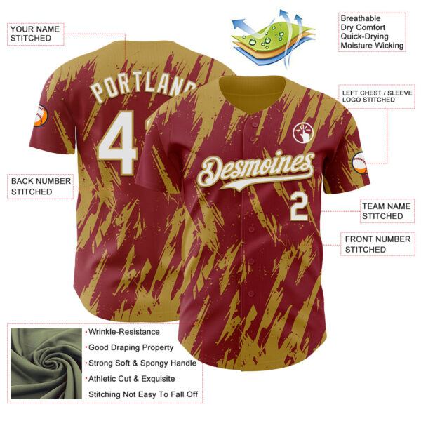 Custom Crimson White-Old Gold Splatter Torn Sharp Brush Stroke Authentic Baseball Jersey