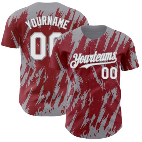 3DPattern13267 Custom Crimson White-Gray Splatter Torn Sharp Brush Stroke Authentic Baseball Jersey