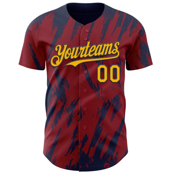 Custom Crimson Gold-Navy Splatter Torn Sharp Brush Stroke Authentic Baseball Jersey