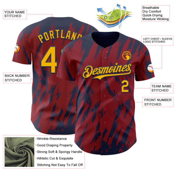 Custom Crimson Gold-Navy Splatter Torn Sharp Brush Stroke Authentic Baseball Jersey
