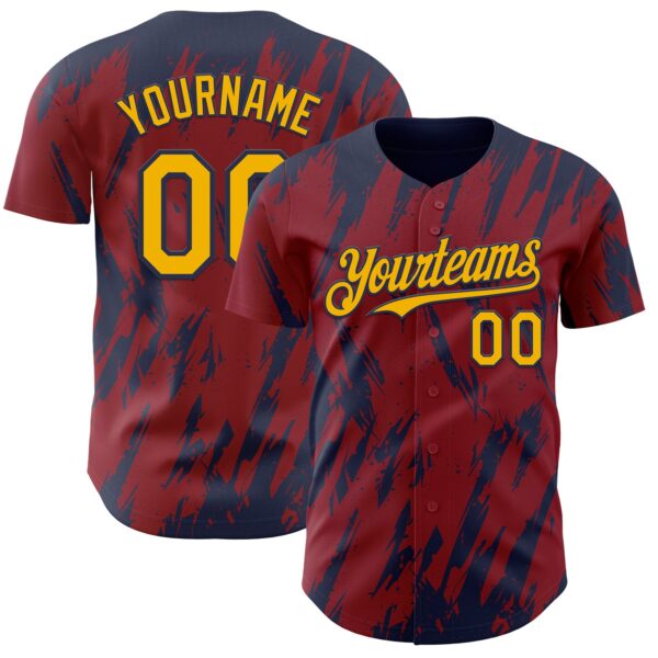 Custom Crimson Gold-Navy Splatter Torn Sharp Brush Stroke Authentic Baseball Jersey