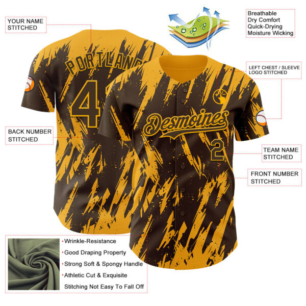 Custom Brown Gold Splatter Torn Sharp Brush Stroke Authentic Baseball Jersey