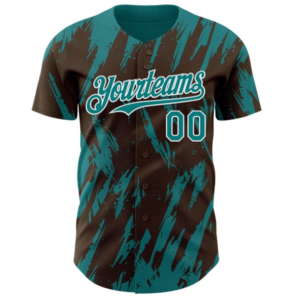 Custom Brown Teal-White Splatter Torn Sharp Brush Stroke Authentic Baseball Jersey