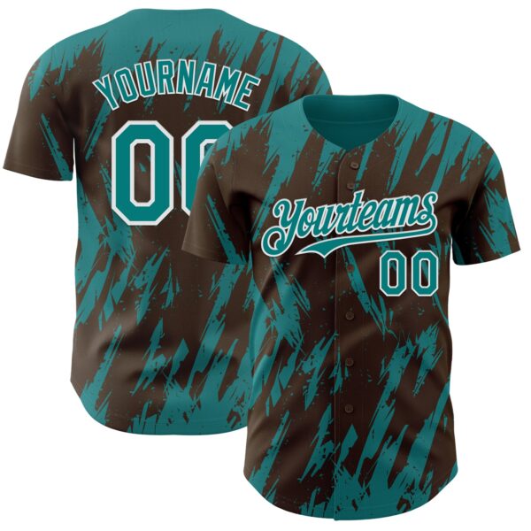 Custom Brown Teal-White Splatter Torn Sharp Brush Stroke Authentic Baseball Jersey