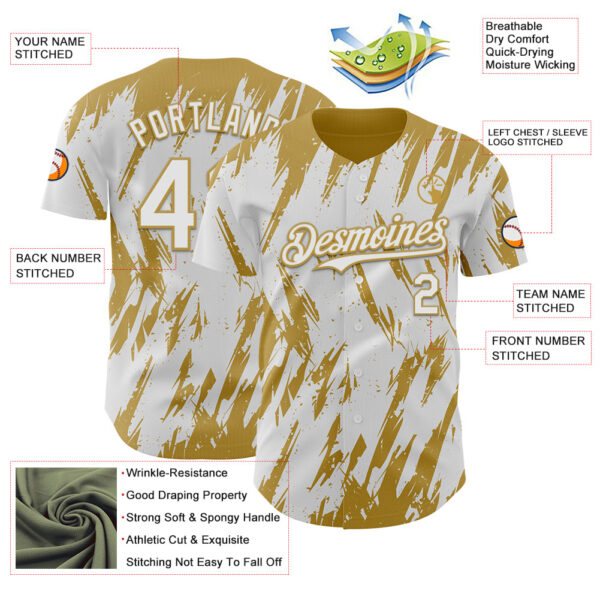 Custom White Old Gold Splatter Torn Sharp Brush Stroke Authentic Baseball Jersey