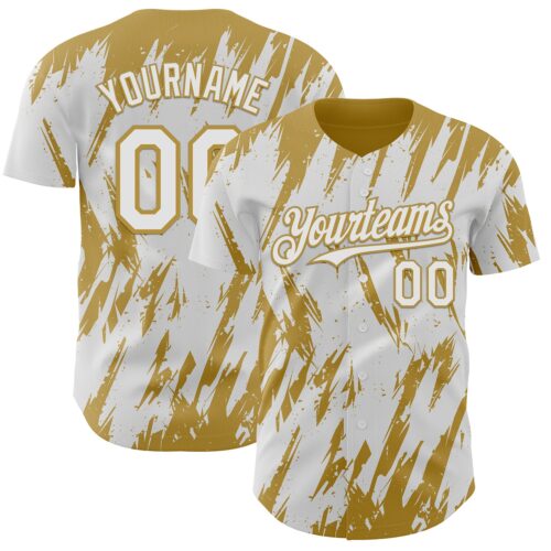 Custom White Old Gold Splatter Torn Sharp Brush Stroke Authentic Baseball Jersey