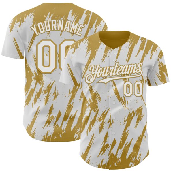 Custom White Old Gold Splatter Torn Sharp Brush Stroke Authentic Baseball Jersey