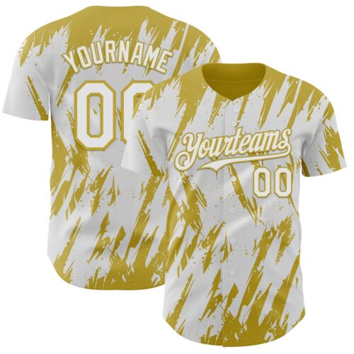 Custom White Old Gold Splatter Torn Sharp Brush Stroke Authentic Baseball Jersey