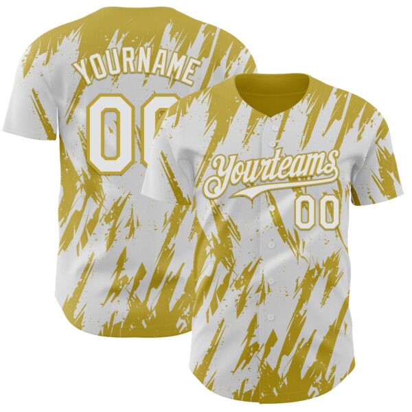 Custom White Old Gold Splatter Torn Sharp Brush Stroke Authentic Baseball Jersey