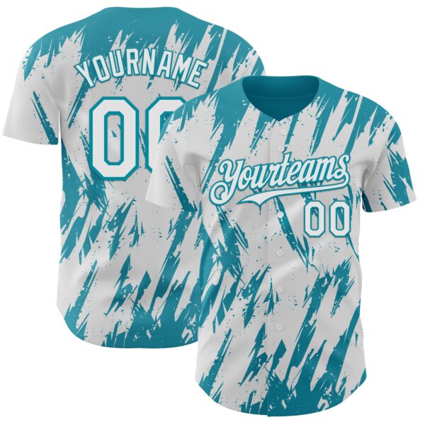 Custom White Teal Splatter Torn Sharp Brush Stroke Authentic Baseball Jersey