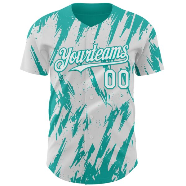Custom White Aqua Splatter Torn Sharp Brush Stroke Authentic Baseball Jersey