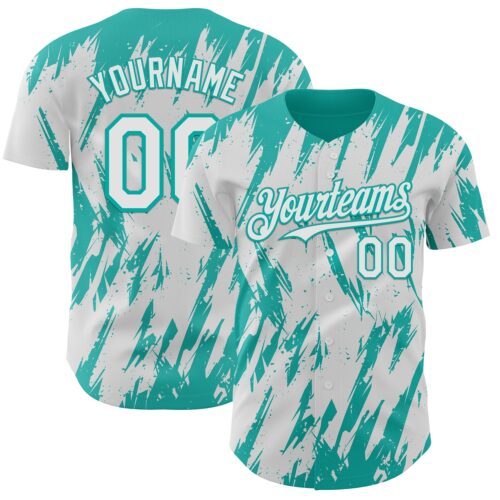 Custom White Aqua Splatter Torn Sharp Brush Stroke Authentic Baseball Jersey