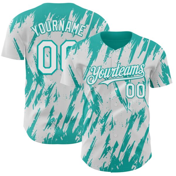 Custom White Aqua Splatter Torn Sharp Brush Stroke Authentic Baseball Jersey