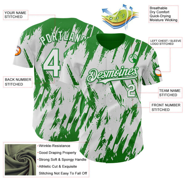 Custom White Grass Green Splatter Torn Sharp Brush Stroke Authentic Baseball Jersey