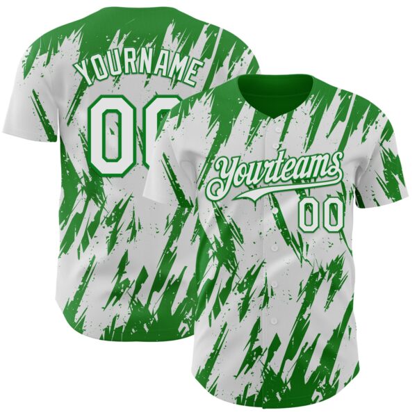 Custom White Grass Green Splatter Torn Sharp Brush Stroke Authentic Baseball Jersey