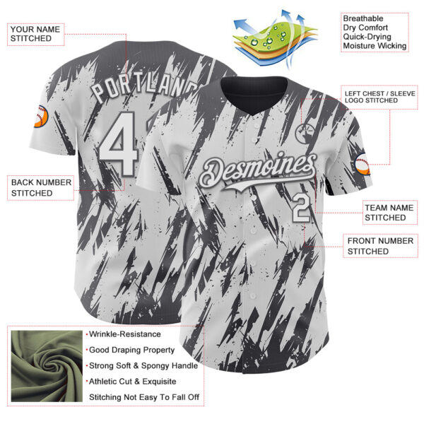 Custom White Steel Gray Splatter Torn Sharp Brush Stroke Authentic Baseball Jersey