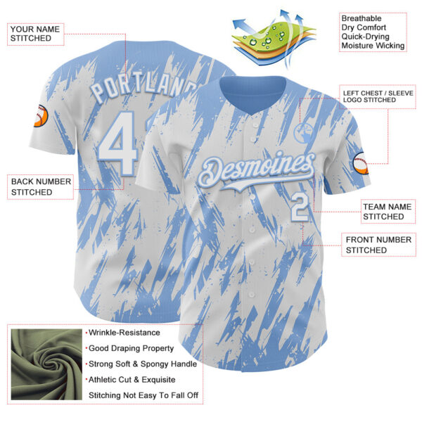 Custom White Light Blue Splatter Torn Sharp Brush Stroke Authentic Baseball Jersey