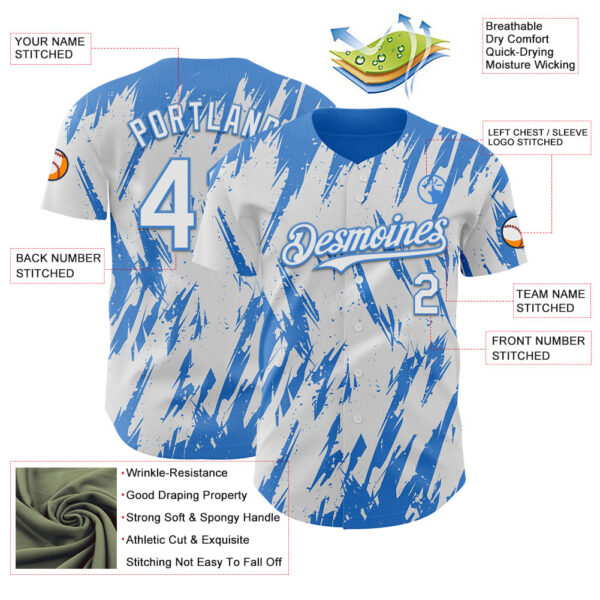 Custom White Powder Blue Splatter Torn Sharp Brush Stroke Authentic Baseball Jersey