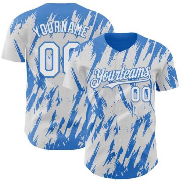 Custom White Powder Blue Splatter Torn Sharp Brush Stroke Authentic Baseball Jersey