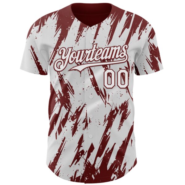 Custom White Burgundy Splatter Torn Sharp Brush Stroke Authentic Baseball Jersey