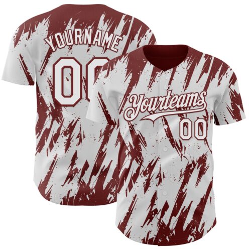 Custom White Burgundy Splatter Torn Sharp Brush Stroke Authentic Baseball Jersey
