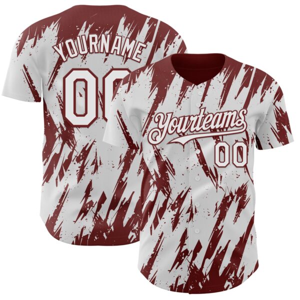 Custom White Burgundy Splatter Torn Sharp Brush Stroke Authentic Baseball Jersey