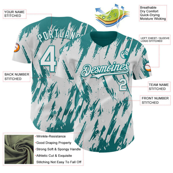 Custom White Teal Splatter Torn Sharp Brush Stroke Authentic Baseball Jersey