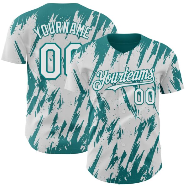 Custom White Teal Splatter Torn Sharp Brush Stroke Authentic Baseball Jersey