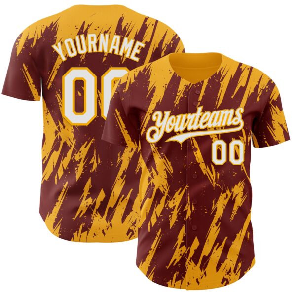 Custom Burgundy White-Gold Splatter Torn Sharp Brush Stroke Authentic Baseball Jersey