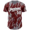 Custom Burgundy White-Gray Splatter Torn Sharp Brush Stroke Authentic Baseball Jersey